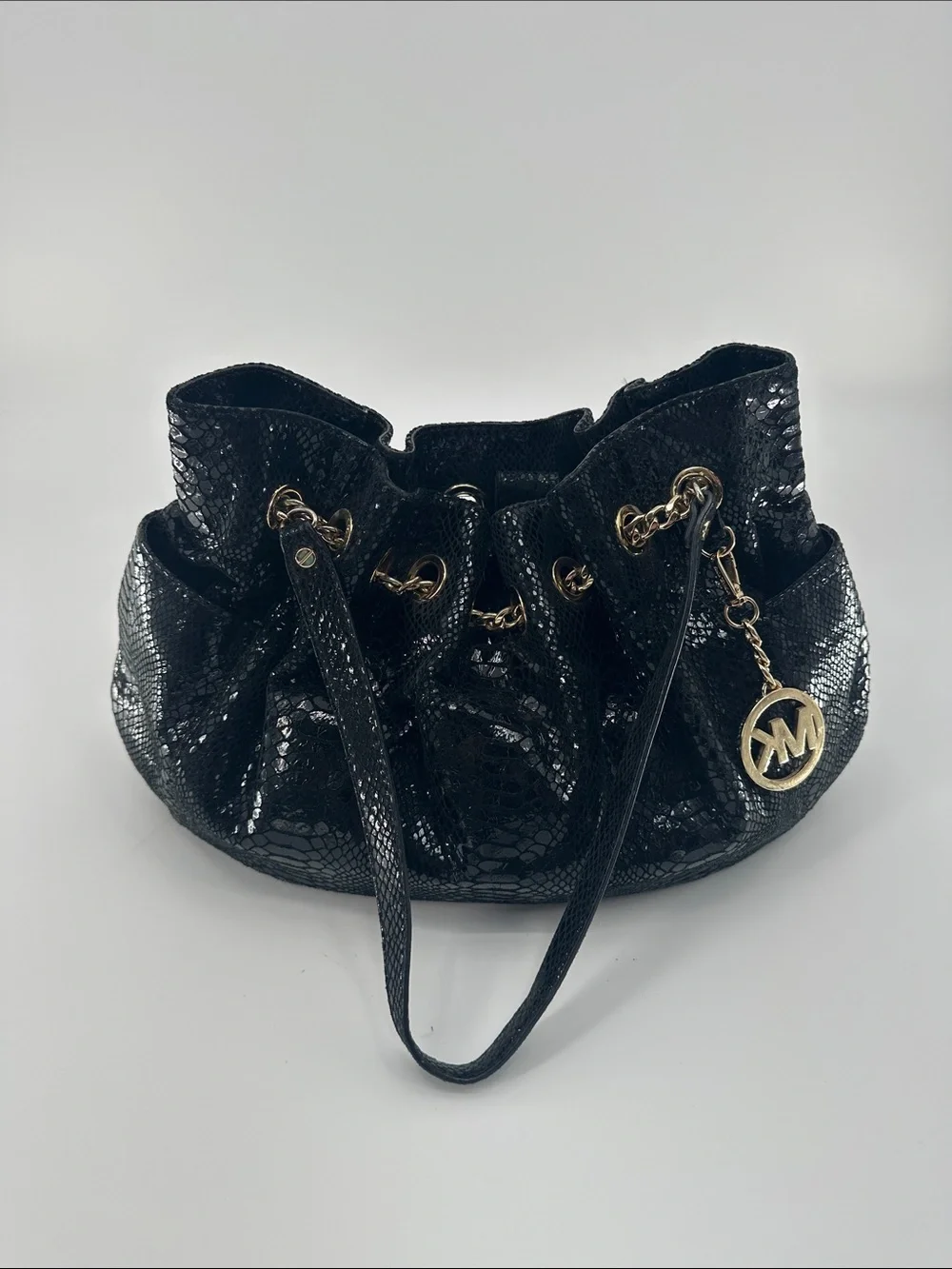 Michael Kors Black Patent Snakeskin-Textured Drawstring Shoulder Bag